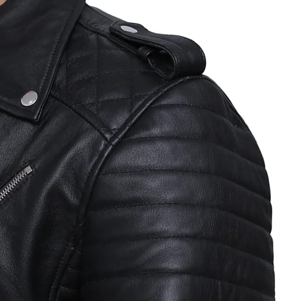 Men’s Black Brando Diamond Design Motorcycle Leather Jacket - Image 6