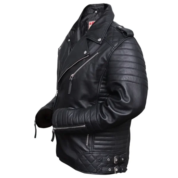 Men’s Black Brando Diamond Design Motorcycle Leather Jacket - Image 7
